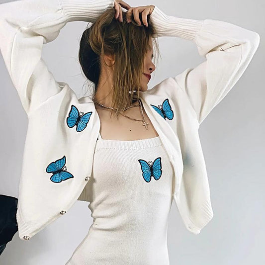 Conjunto de Dos Piezas: Cardigan Tejido con Bordado de Mariposas