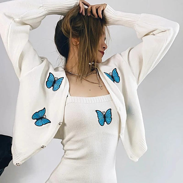 Conjunto de Dos Piezas: Cardigan Tejido con Bordado de Mariposas