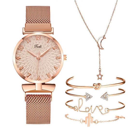Set de Regalo Elegante: Reloj Cuarzo Malla Dorada + 5 Pulseras para Mujer - Image 7