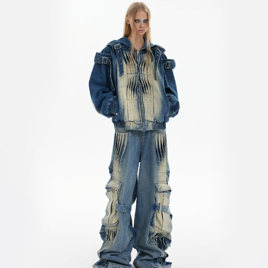 Jeans Vintage Desgastado con Diseño Plisado Reforzado