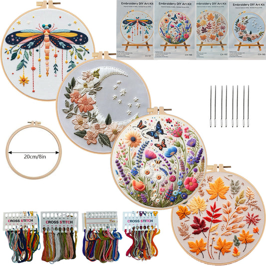 Kit Completo de Bordado DIY - Mariposas, Libélulas y Hojas Plateadas