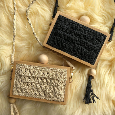 Bolsa de Playa Tejida con Marco de Madera y Borla - Bolso Mensajero Elegante para Vacaciones - Image 9