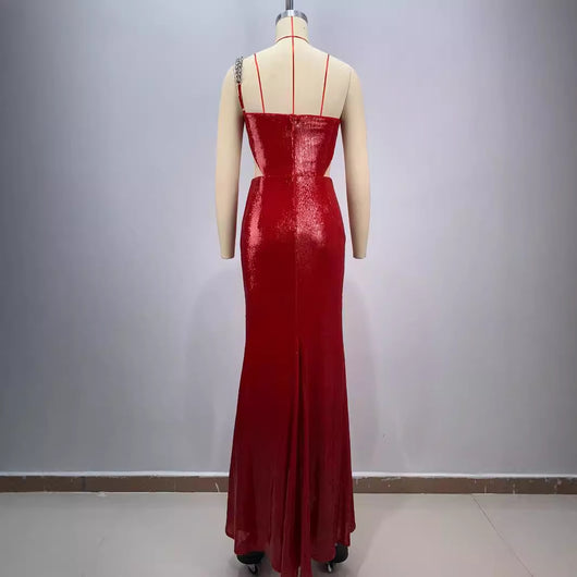 Vestido Rojo con Lentejuelas, Hombro Inclinado y Corte Midriff - Image 4