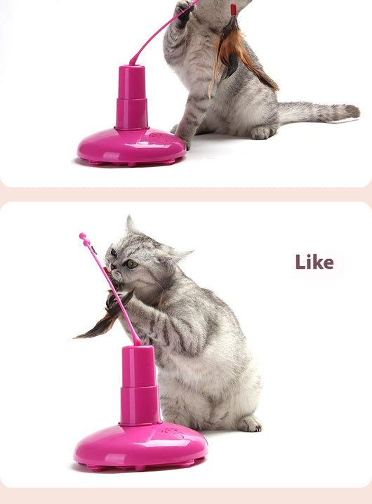 Pink automatic cat toy with a rotating pole and a brown feather attachment, measuring 15cm high. - Image 16