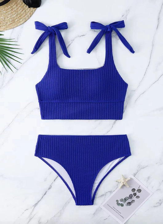 Green textured knit two-piece swimsuit with a square-neck crop top and high-waisted bottoms, featuring tie-shoulder straps. - Image 22