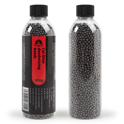 Clear plastic bottle of black cat litter deodorizing beads with a black and red label, 300g. - Image 3