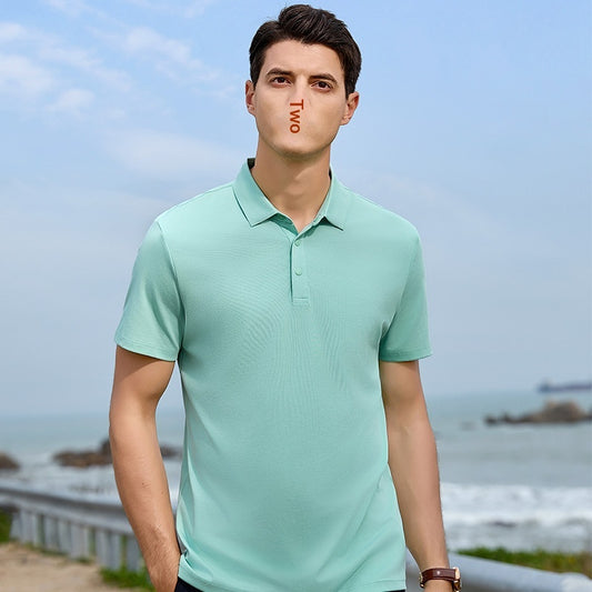 White short-sleeve polo shirt for men, made from a mercerized cotton blend with a three-button placket. - Image 2