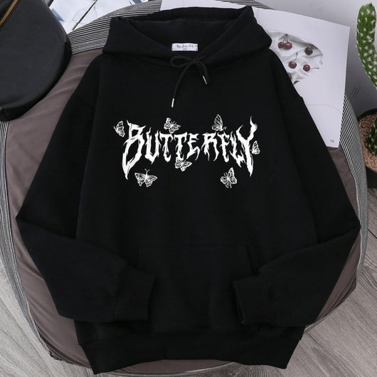 Sudadera Holgada Gótica con Mariposa y Letras para Parejas - Image 3