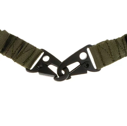 Black crossbody nylon strap with elastic sections, adjustable buckles, and two metal hooks for tension adjustment. - Image 21