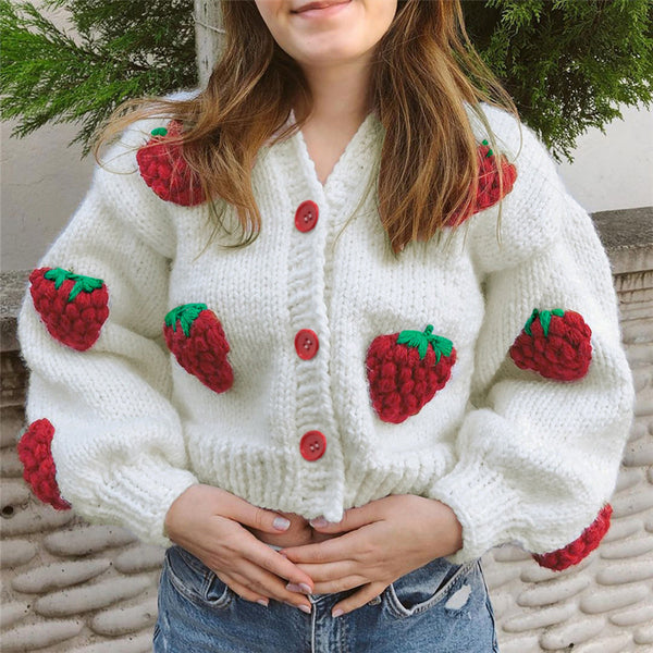 Cardigan Suelto con Fresa Cute para Mujer - Escote en V