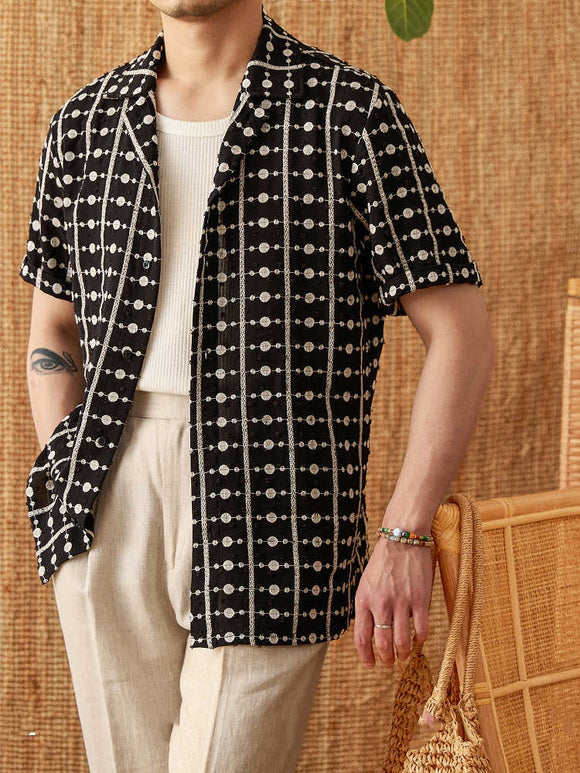 Camisa Cubana de Algodón Puro con Cuello Bordado - Manga Corta Estampada