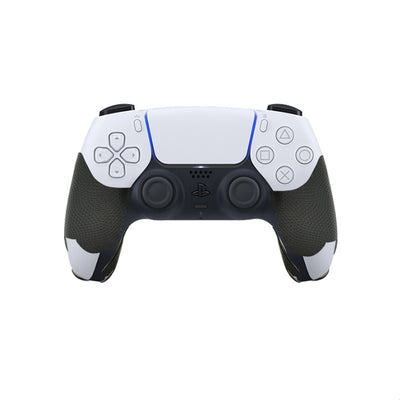 Pair of gamepad silicone stickers, one black with textured grip and one solid red, for enhanced controller grip.