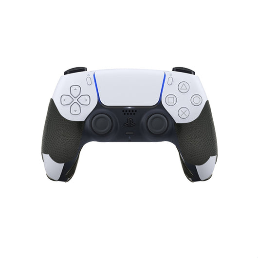 Pair of gamepad silicone stickers, one black with textured grip and one solid red, for enhanced controller grip.