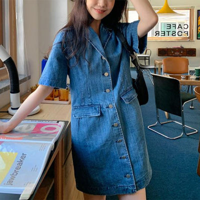 Vestido Denim Holgado con Bolsillos Dobles - Manga Corta - Image 12