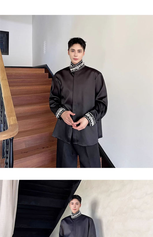 Camisa de Satén Elegante para Hombre con Cuello Mao y Detalles de Lentejuelas Brillantes - Image 10