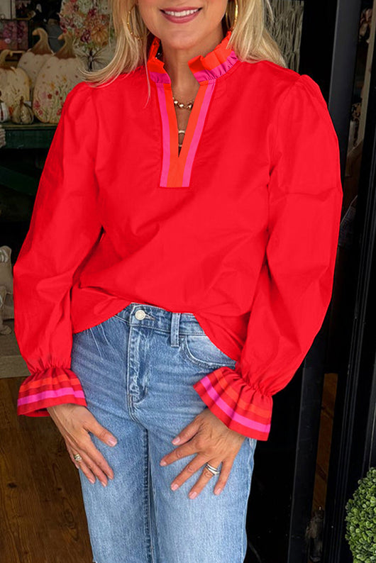 Blusa Suelta con Volantes y Cuello en V de Manga Larga - Image 18