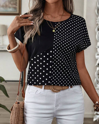 Blusa Estampada de Lunares para Mujer - Cuello Redondo y Manga Corta - Image 10