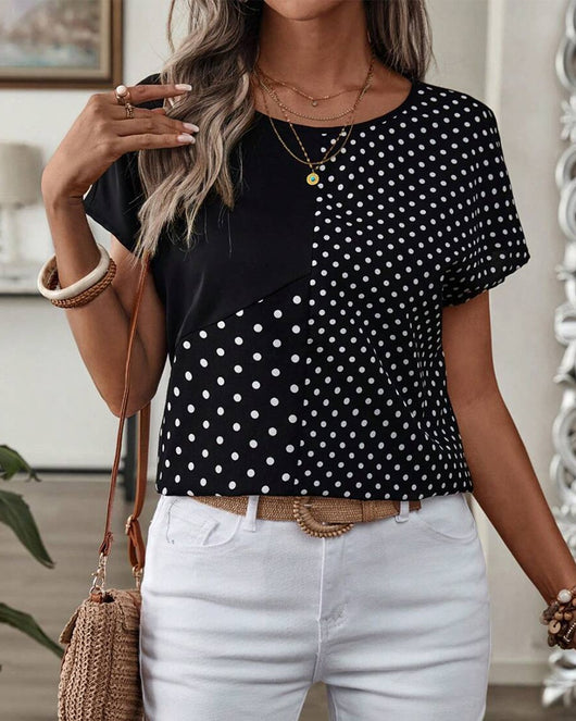 Blusa Estampada de Lunares para Mujer - Cuello Redondo y Manga Corta - Image 10