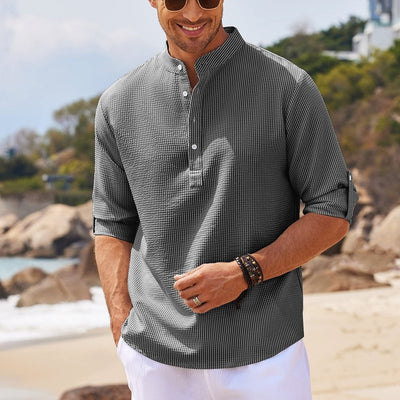 Camisa Casual Manga Larga Cuello Mao Hombre Color Sólido