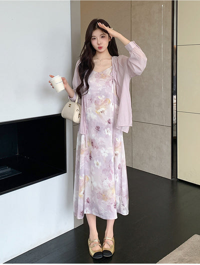Conjunto Dos Piezas: Vestido Slip Estampado Morado con Cardigan Suave - Image 8