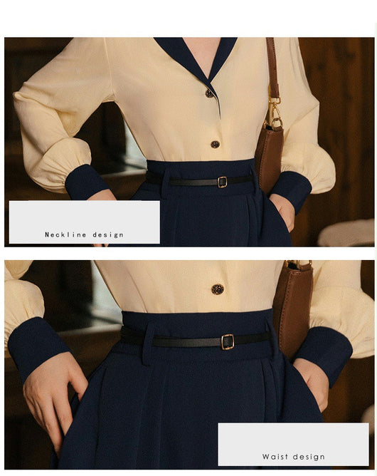 Conjunto Elegante Retro: Blusa de Temperamento y Falda Azul Marino - Image 6
