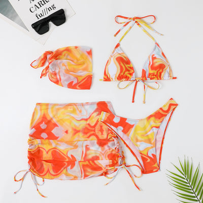 Four-piece tie-dyed bikini swimsuit set in orange, yellow, and white, with a triangle top, high-cut bottoms, ruched mini skirt, and matching headscarf. - Image 6