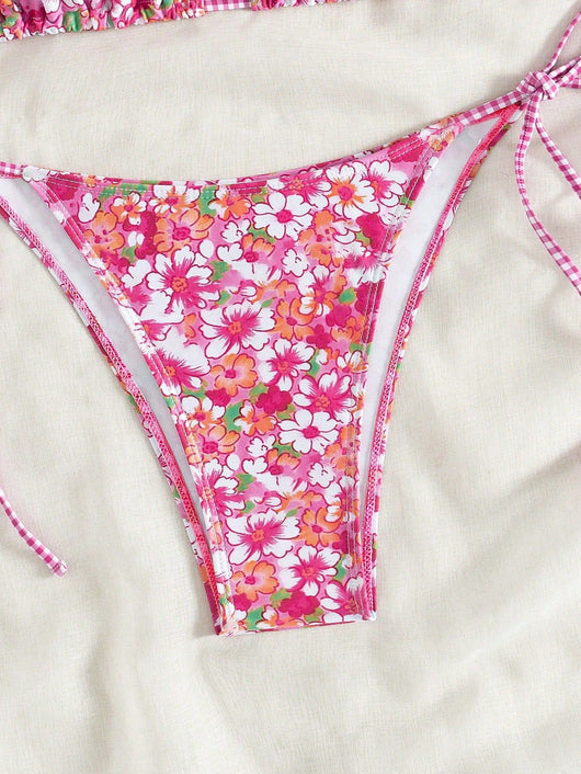 Female creative minimally printed split bikini set with a vibrant bohemian pattern and tie-side bottoms. - Image 24