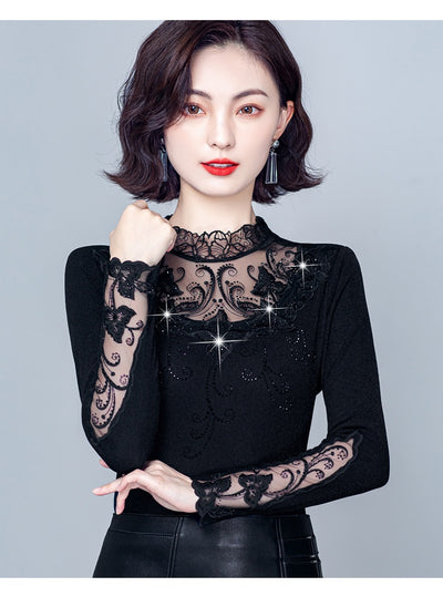 Blusa Cuello Alto con Encaje y Strass - Ajuste Slim para Otoño e Invierno - Image 22