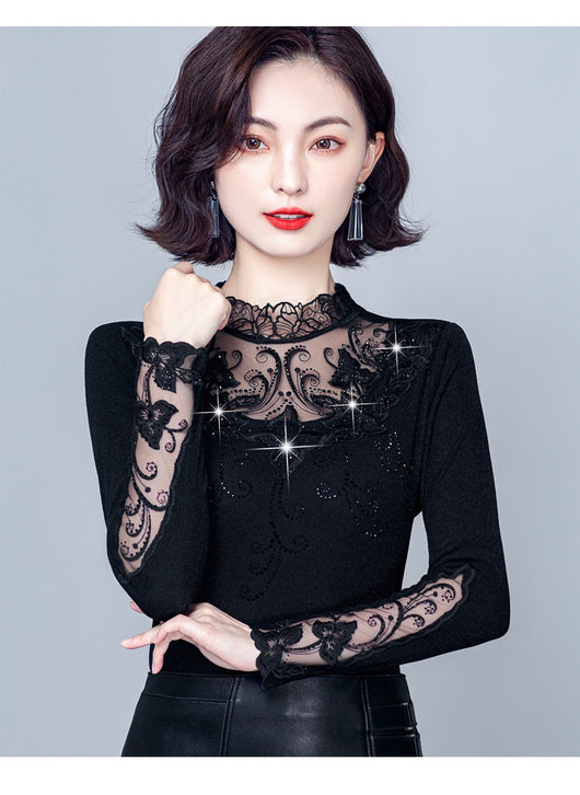 Blusa Cuello Alto con Encaje y Strass - Ajuste Slim para Otoño e Invierno - Image 22