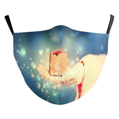 Black double-layer dust mask with a vibrant, multi-colored snowflake digital print and ear hooks. - Image 11