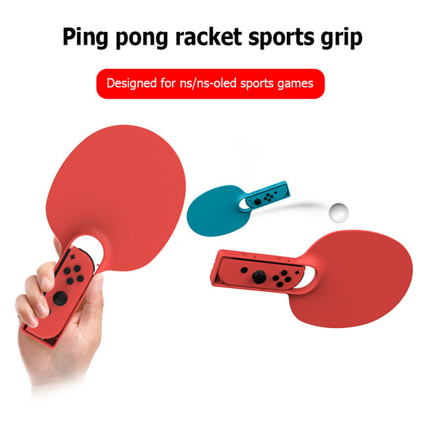 Blue and red table tennis racket grips for Nintendo Switch Joy-Con controllers, with a white ping pong ball.