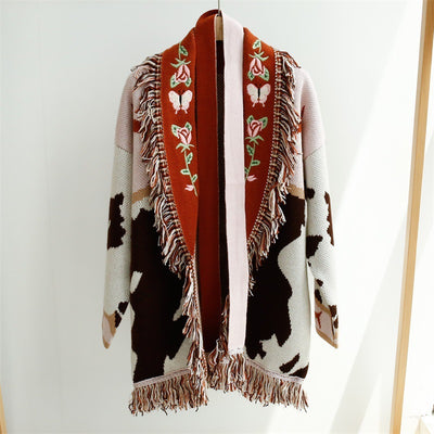 Cardigan Largo con Bordado de Patrones y Borlas