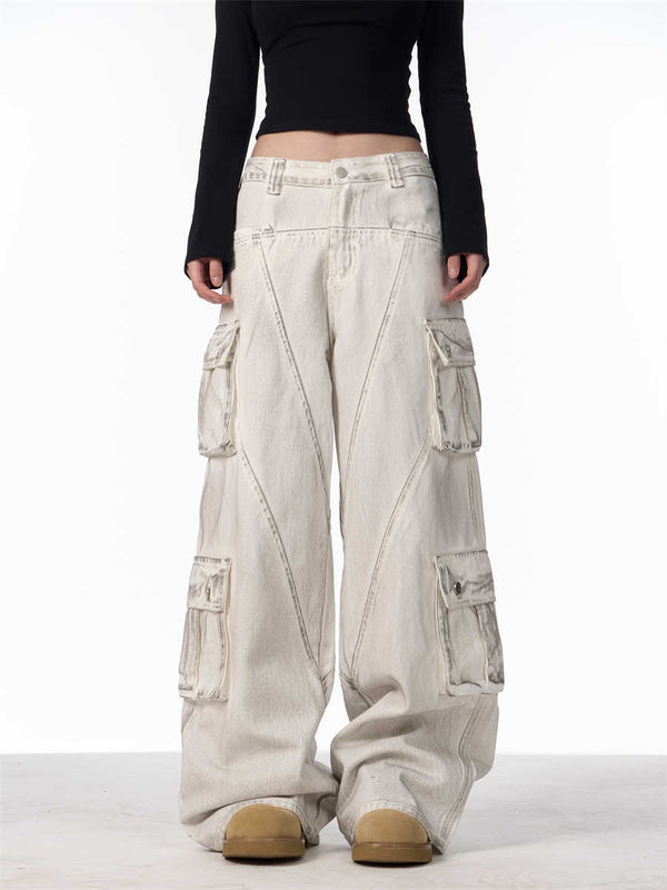 Pantalones Cargo Retro Mujer Cintura Alta Pierna Ancha Casual