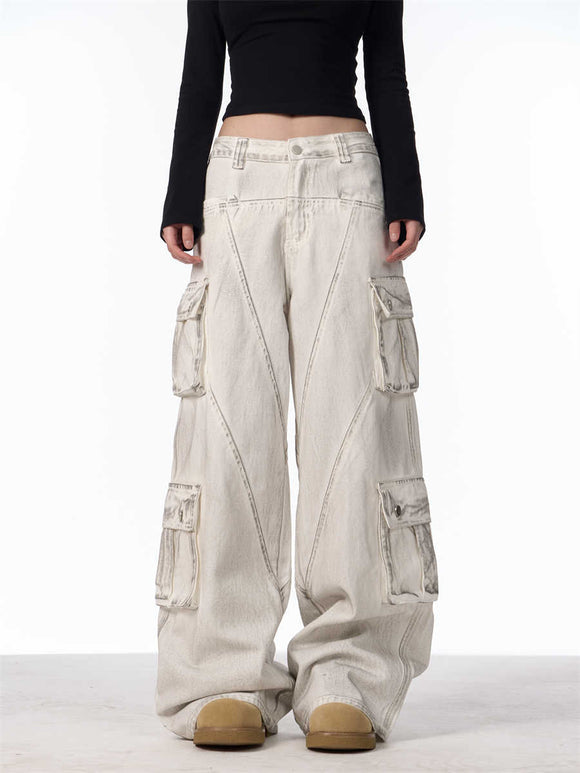 Calça Cargo Feminina Retrô Cintura Alta Perna Larga Casual