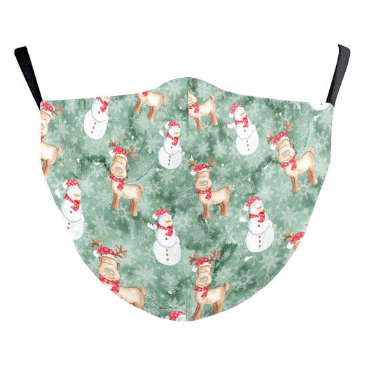 Christmas dust mask with a digital print of red, purple, and gold bokeh lights and white snowflakes, featuring ear hooks. - Image 15