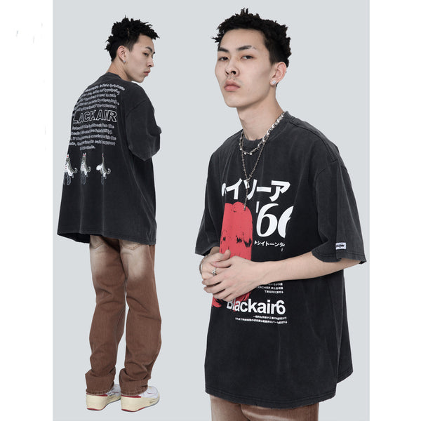 Camiseta Retro Japonesa Estilo Urbano Estampado Desgastado para Hombre
