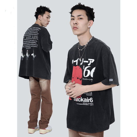 Camiseta Retro Japonesa Estilo Urbano Estampado Desgastado para Hombre