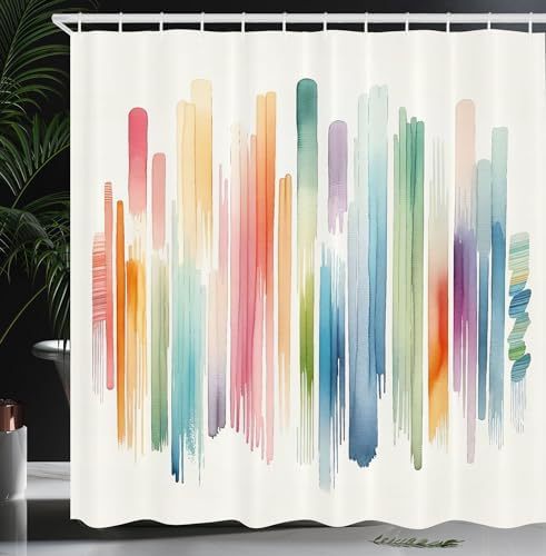 Retro floral shower curtain with wavy stripes in blue, orange, green, and cream colors. - Image 18