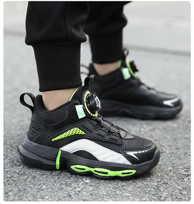 Black, white, and neon green children's basketball shoes with rotating buckle closure, featuring a mid-top design. - Image 24