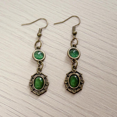 Aretes Colgantes de Jade Gris Antiguo con Bronce y Esmeralda - Image 6