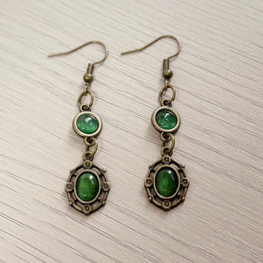 Aretes Colgantes de Jade Gris Antiguo con Bronce y Esmeralda - Image 6