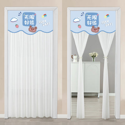 Double-layer blackout doorway curtain with a light blue top featuring a cartoon bear and "LUCK DAY!" text. - Image 15