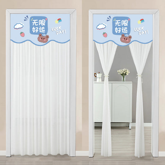 Double-layer blackout doorway curtain with a light blue top featuring a cartoon bear and "LUCK DAY!" text. - Image 15