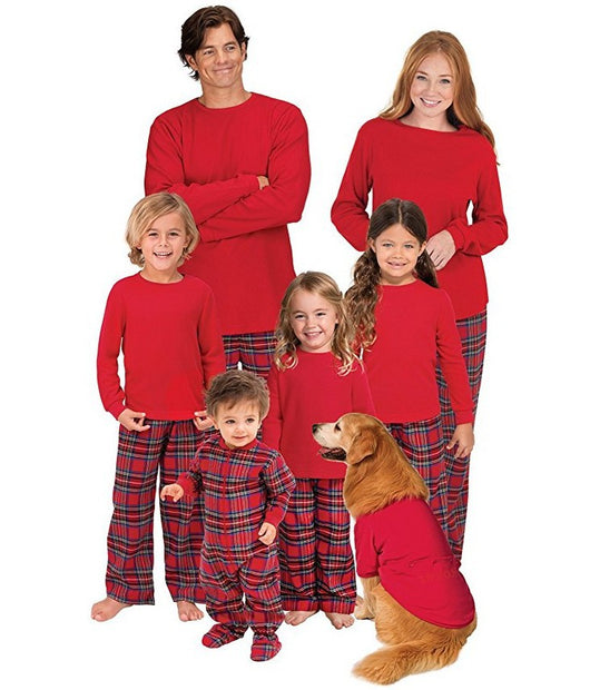 Man wearing a red long-sleeve pajama top and red plaid pajama pants, suitable for Christmas or holiday loungewear. - Image 2