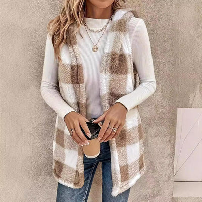 Elegant Bicolor Plaid Cardigan Vest with Hood - Women's Plush Coat