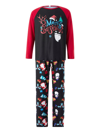 Man wearing a black and red long-sleeve Christmas pajama set with "Merry Christmas" graphic and Santa print pants. - Image 17