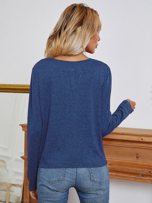 Remera Suelta de Cuello Redondo Manga Larga Color Liso para Mujer - Image 17