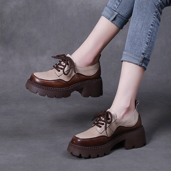 Zapatos de Cuero Vintage con Tacón Grueso y Cordones - Diseño Bicolor