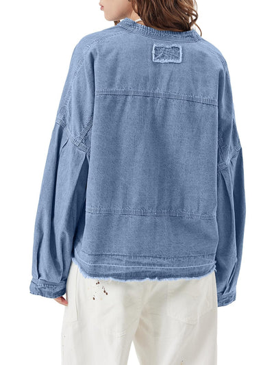 Blusa Denim Holgada de Cuello V y Manga Larga Versátil - Image 13