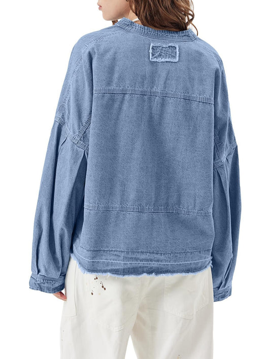 Blusa Denim Holgada de Cuello V y Manga Larga Versátil - Image 13